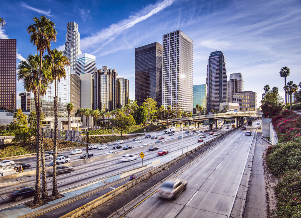 Downtown Los Angeles skyline seen from the freeway