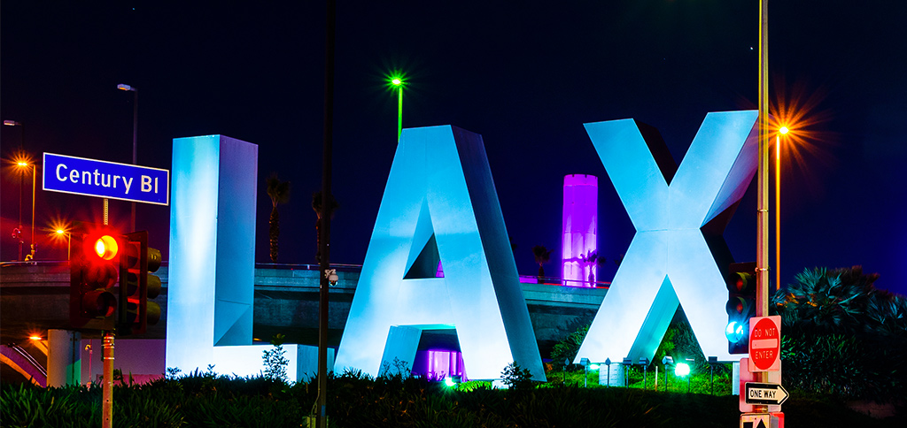 LAX entrance pylons lit at night